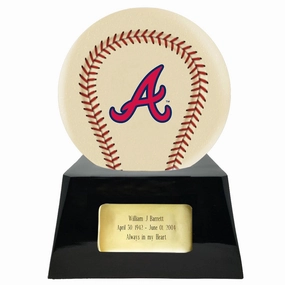 Baseball Cremation Urn with Optional Ivory Atlanta Braves Ball Decor and Custom Metal Plaque