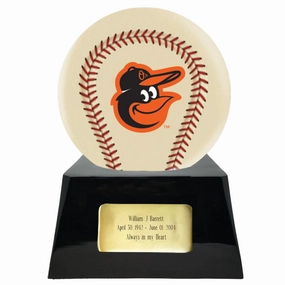 Baseball Cremation Urn with Optional Ivory Baltimore Orioles Ball Decor and Custom Metal Plaque