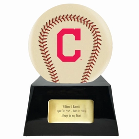 Baseball Cremation Urn with Optional Ivory Cleveland Indians Ball Decor and Custom Metal Plaque