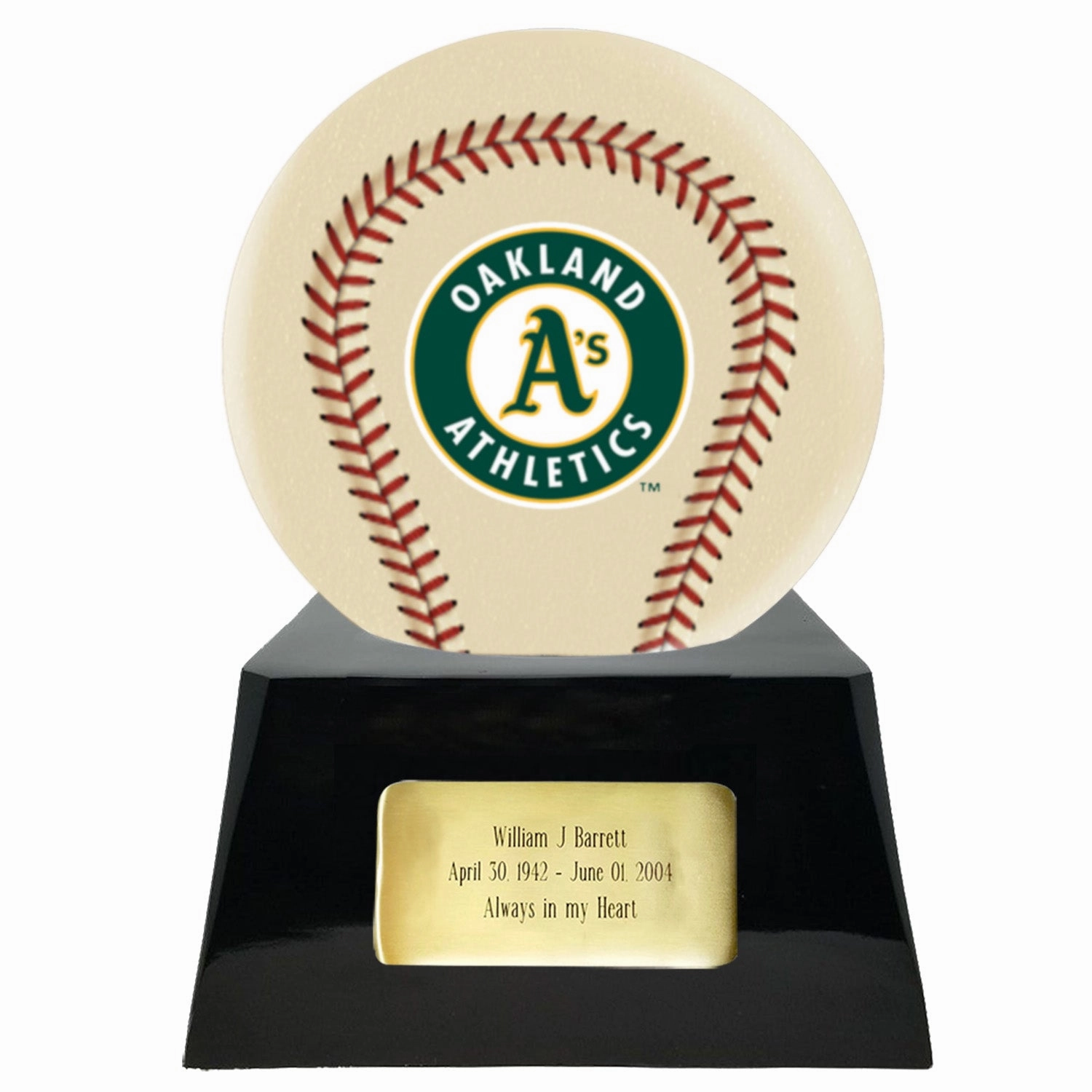 Baseball Cremation Urn with Optional Ivory Oakland Athetics Ball Decor and Custom Metal Plaque
