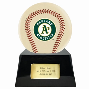 Baseball Cremation Urn with Optional Ivory Oakland Athetics Ball Decor and Custom Metal Plaque