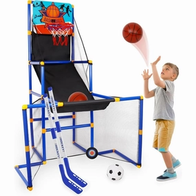 Bruce & Shark T034-002 3 in 1 Kids Basketball Football Hockey Game Toy Set, Indoor Outdoor Hoop Arcade Game for Kids
