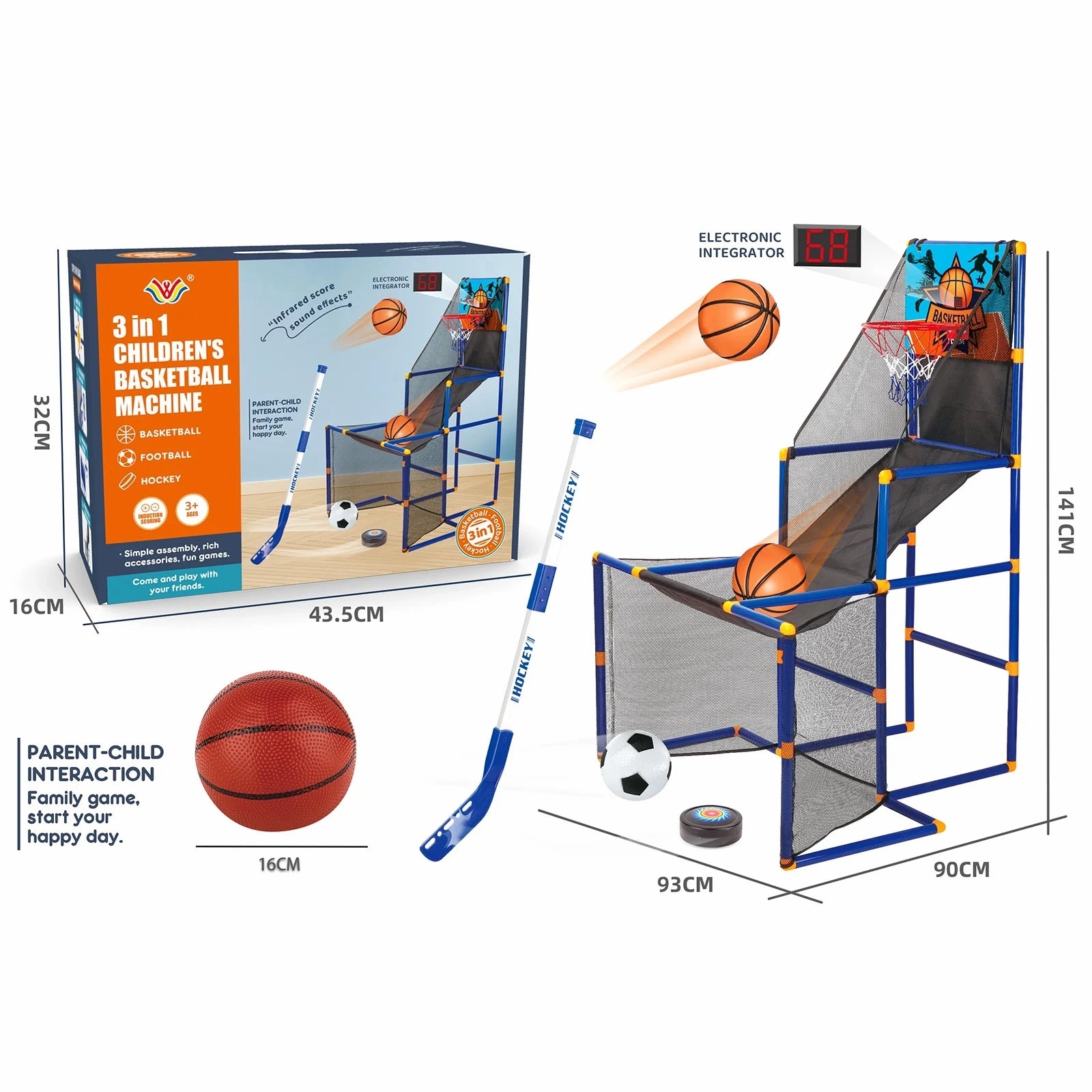Bruce & Shark T034-002 3 in 1 Kids Basketball Football Hockey Game Toy Set, Indoor Outdoor Hoop Arcade Game for Kids