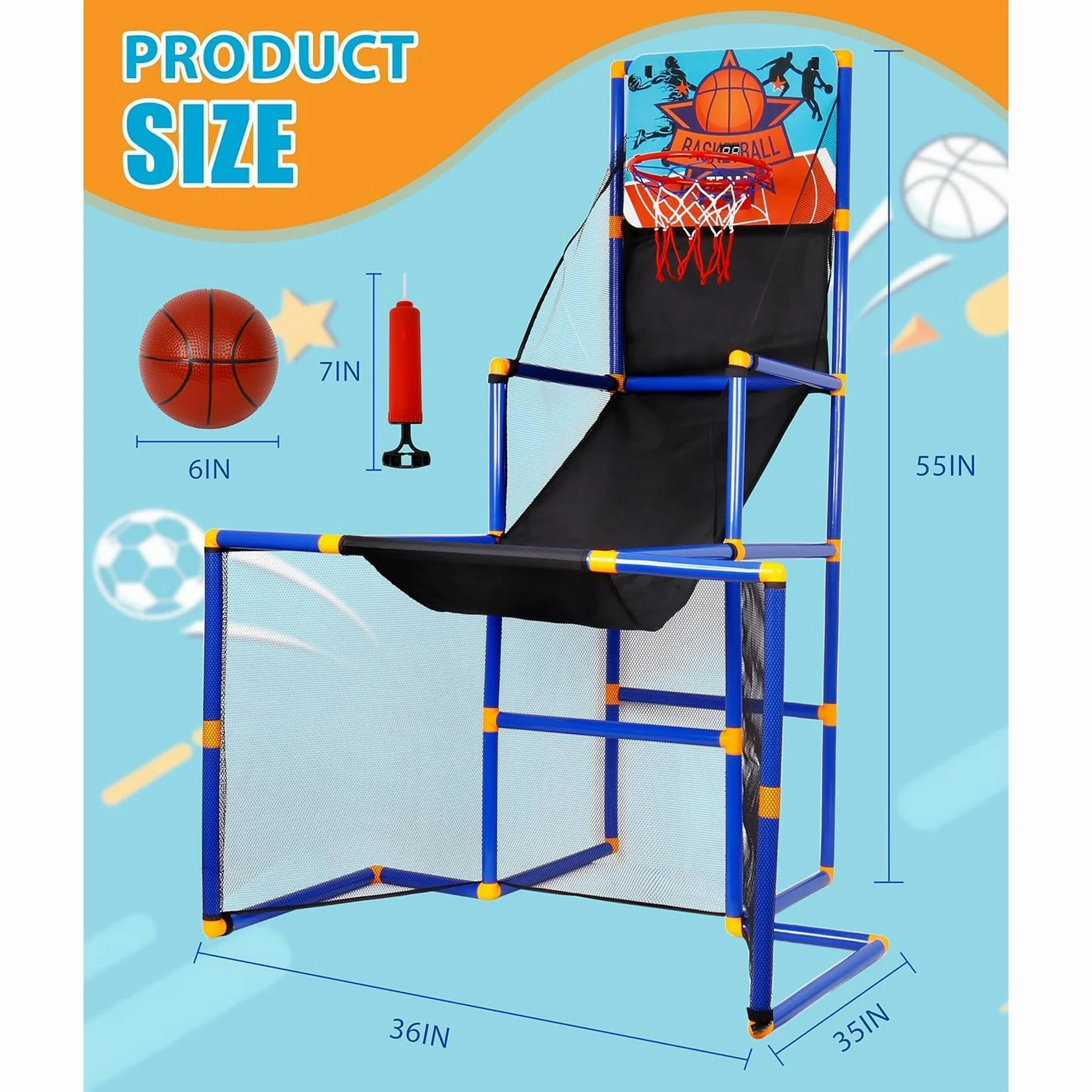 Bruce & Shark T034-002 3 in 1 Kids Basketball Football Hockey Game Toy Set, Indoor Outdoor Hoop Arcade Game for Kids