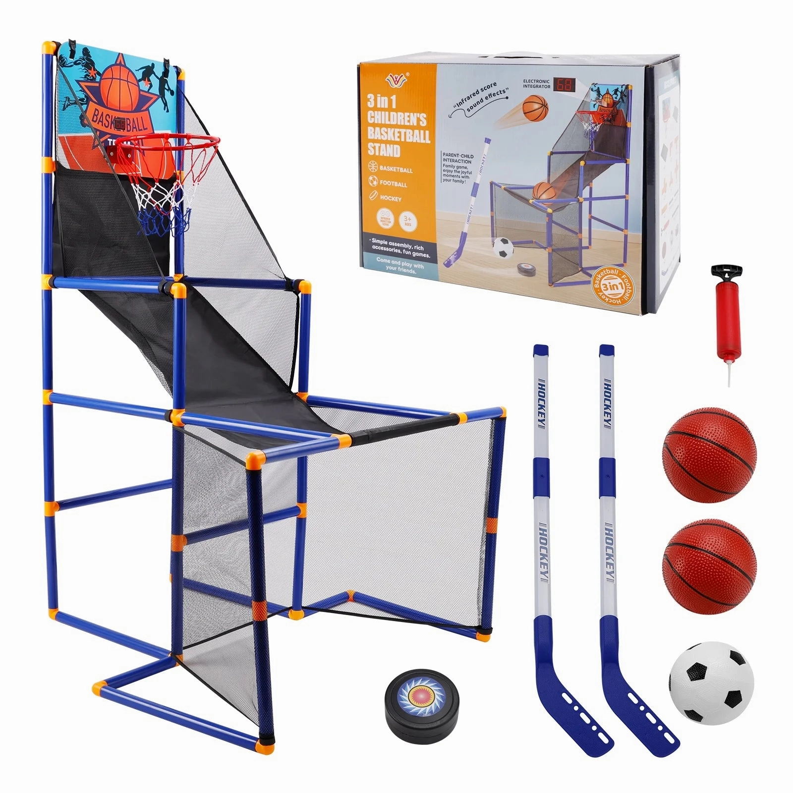 Bruce & Shark T034-002 3 in 1 Kids Basketball Football Hockey Game Toy Set, Indoor Outdoor Hoop Arcade Game for Kids
