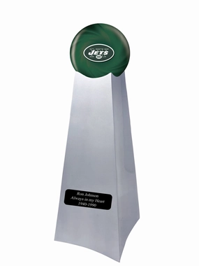 Championship Trophy Cremation Urn with Optional Football and New York Jets Ball Decor and Custom Metal Plaque