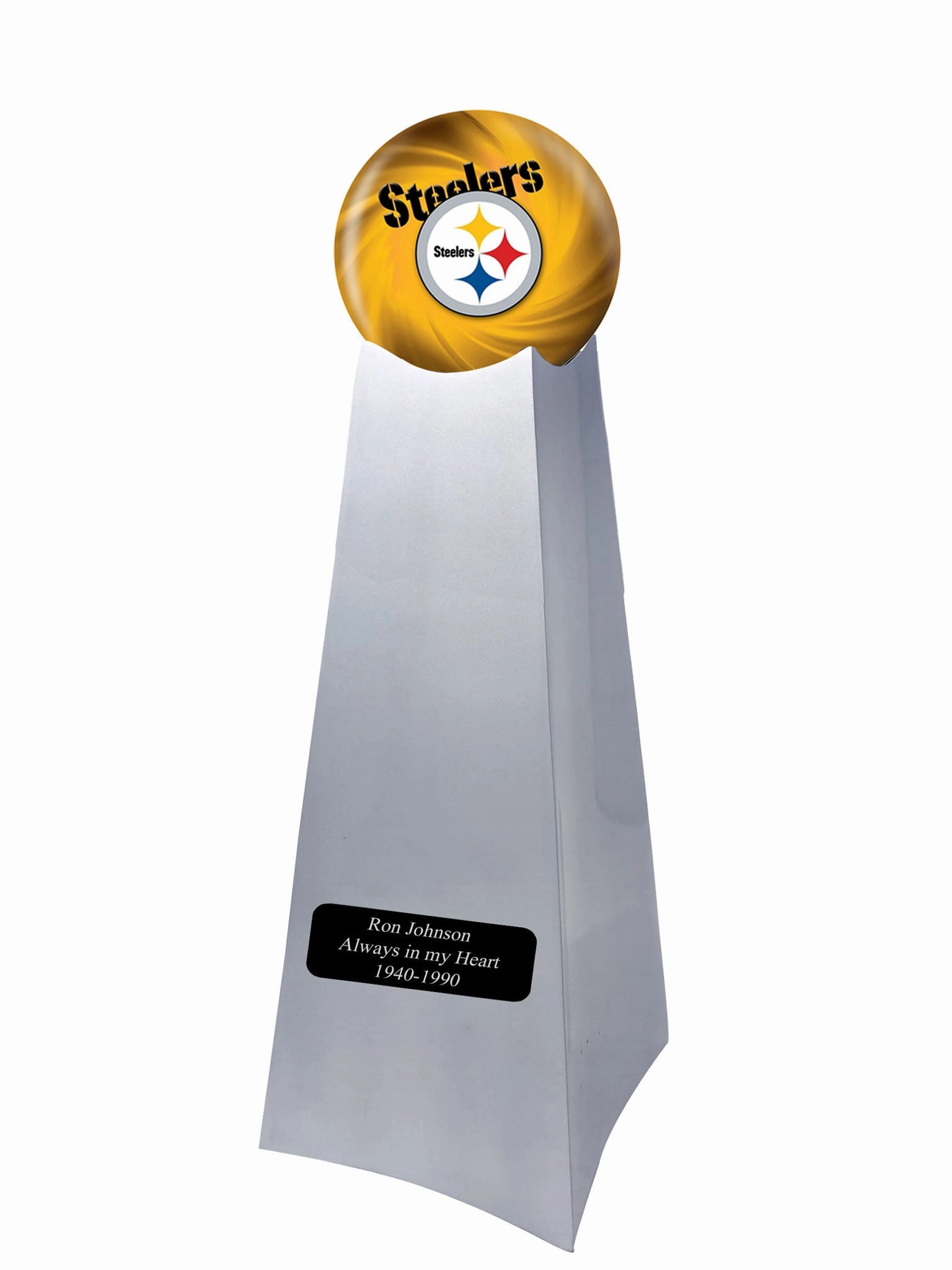 Championship Trophy Cremation Urn with Optional Football and Pittsburgh Steelers Ball Decor and Custom Metal Plaque