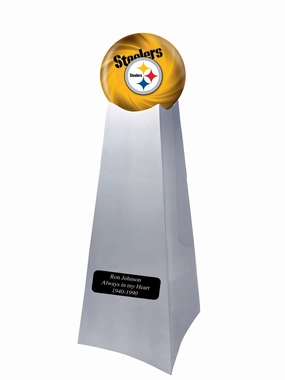 Championship Trophy Cremation Urn with Optional Football and Pittsburgh Steelers Ball Decor and Custom Metal Plaque