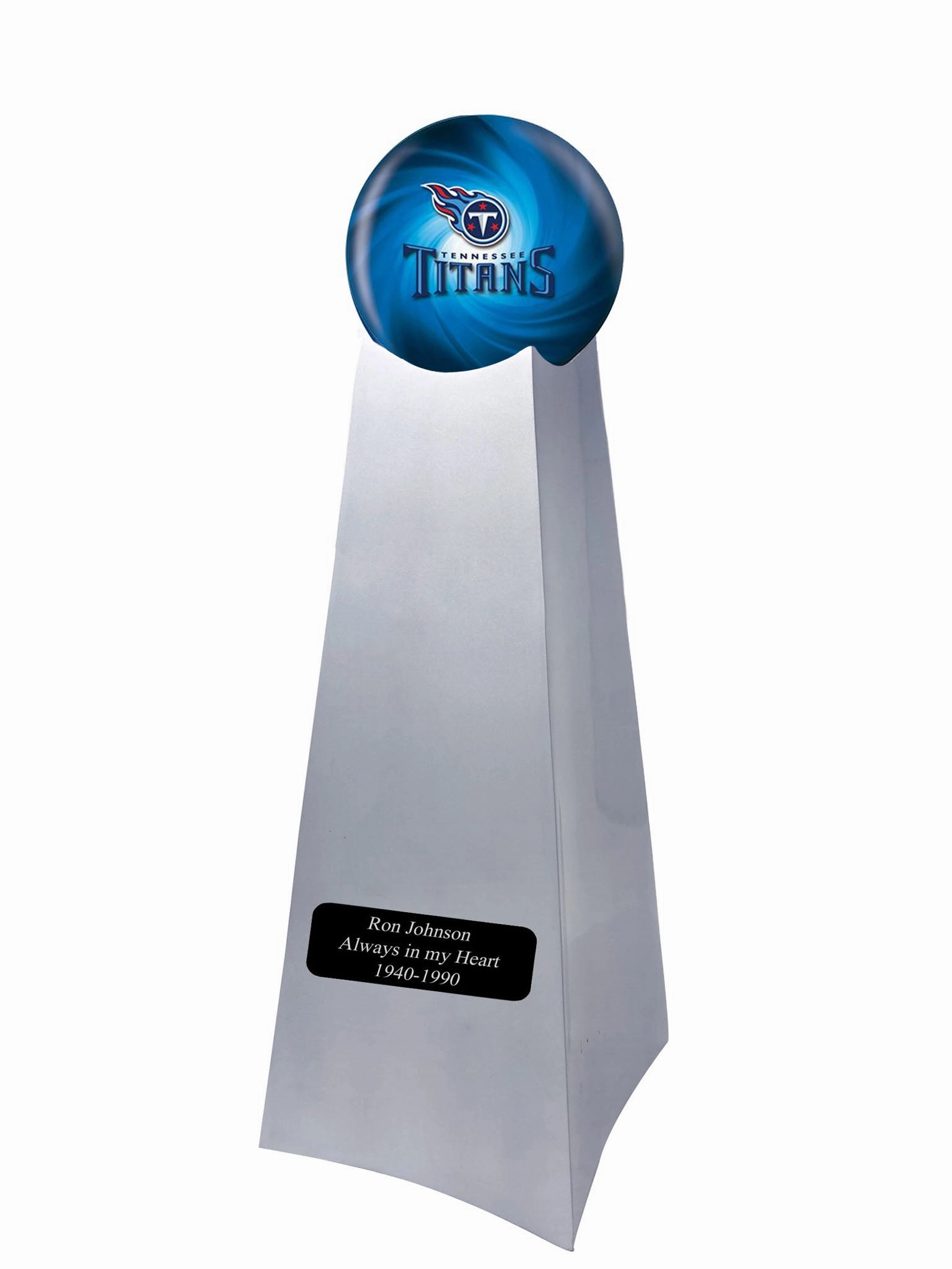 Championship Trophy Cremation Urn with Optional Football and Tennessee Titans Ball Decor and Custom Metal Plaque