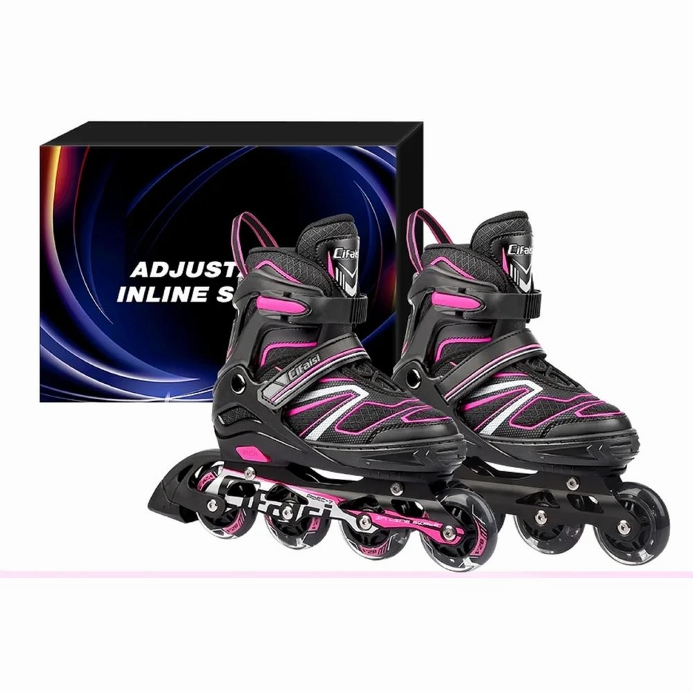 Cifaisi C3-Pink-L Adjustable Inline Skates with Illuminating Wheels for Kids and Adults, Pink, Large(6.5-8)