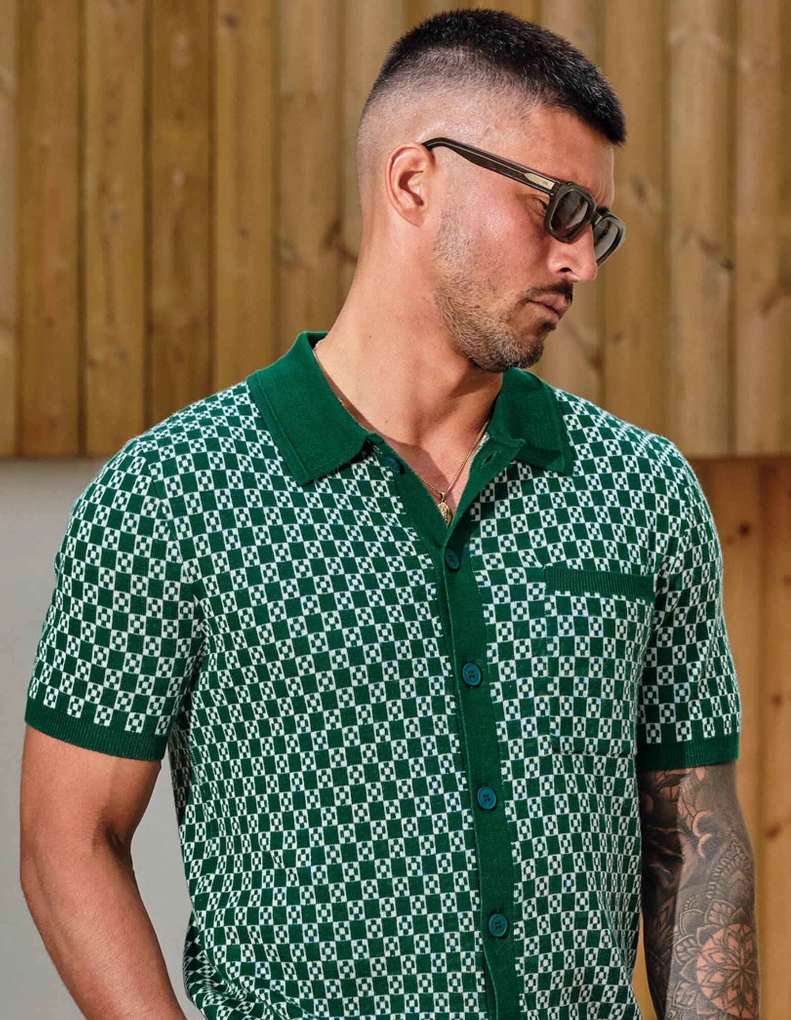 Ecru/Green Block Print S/S Shirt
