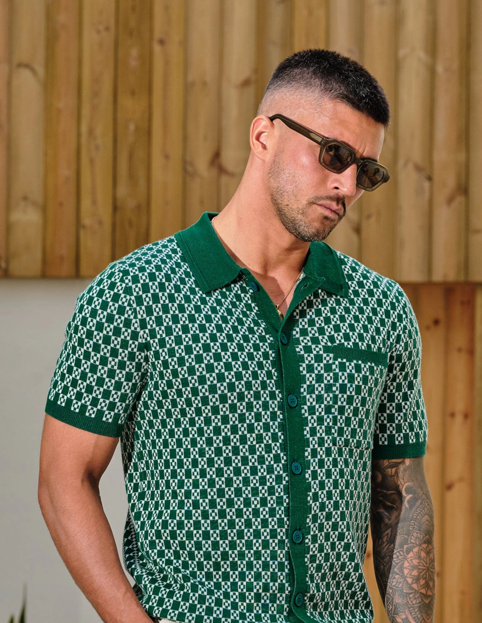 Ecru/Green Block Print S/S Shirt