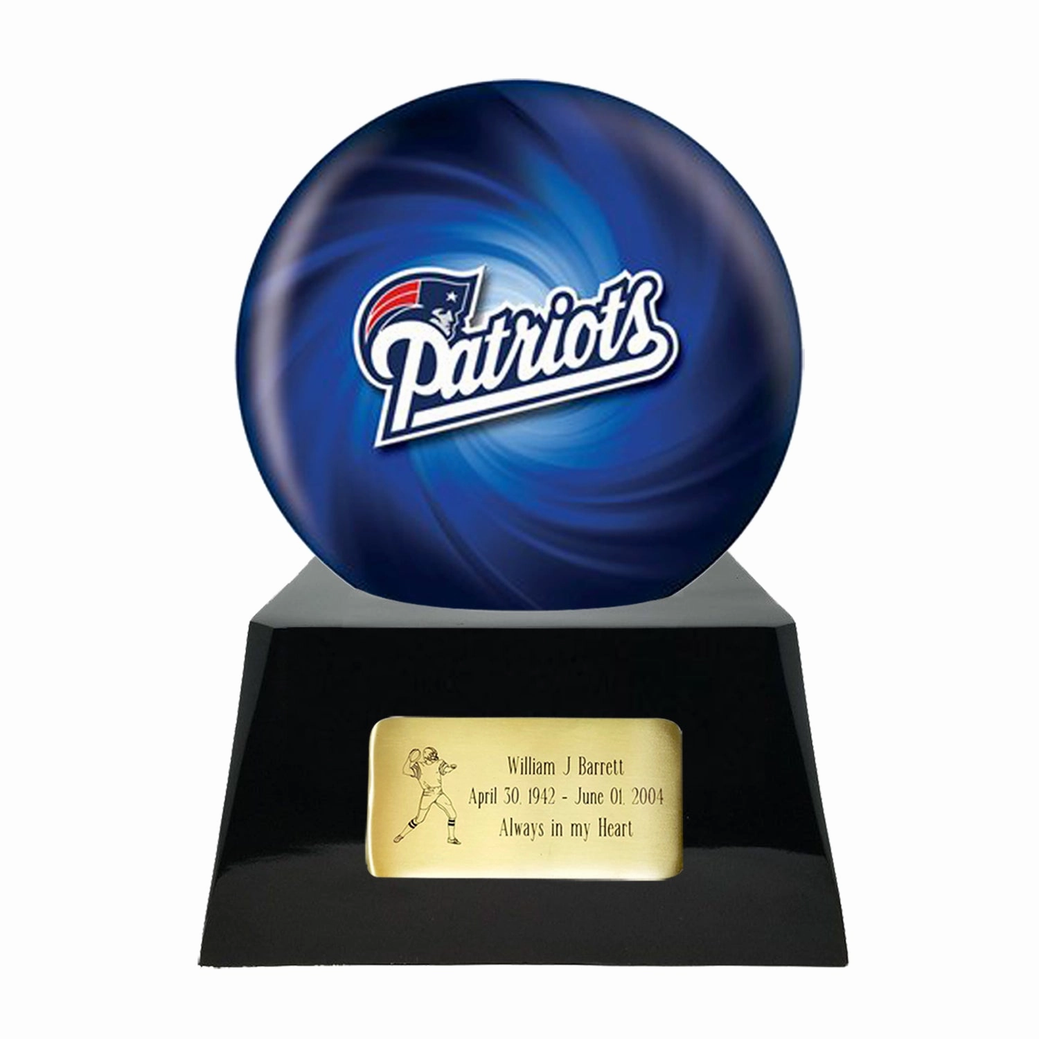 Football Cremation Urn with Optional New England Patriots Ball Decor and Custom Metal Plaque