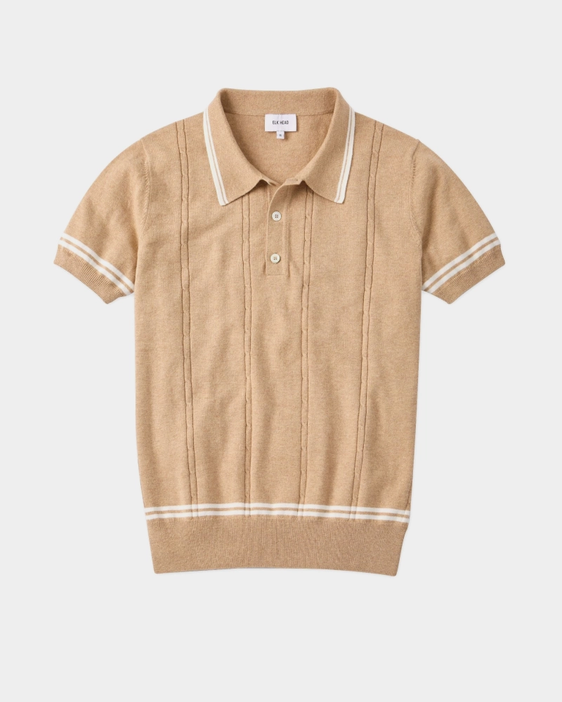 Italian Cashmere White Tipped Cable Knit Polo in Arizona Tan