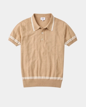 Italian Cashmere White Tipped Cable Knit Polo in Arizona Tan