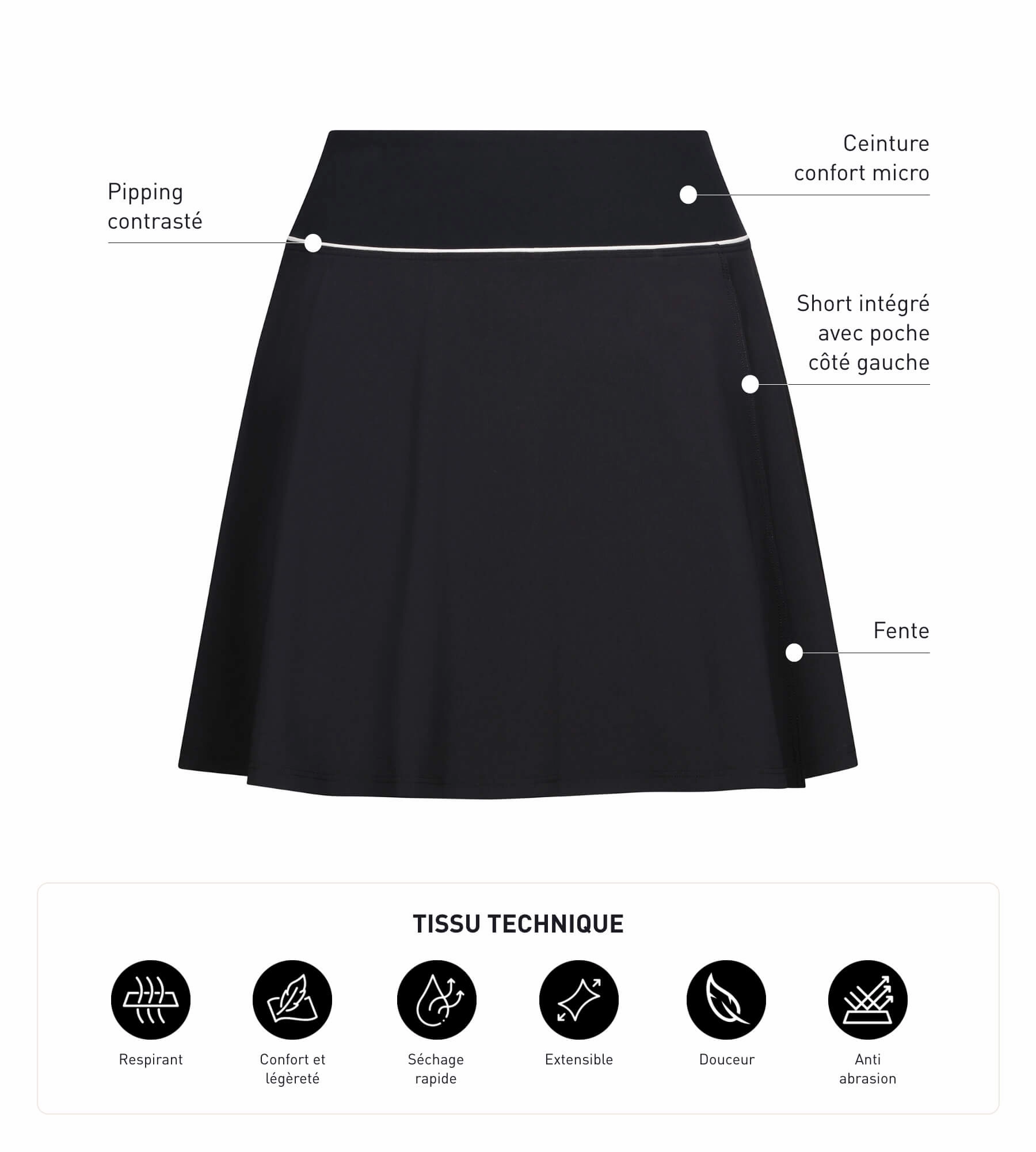 Jupe short de sport femme en microfibre Noire Dim Move