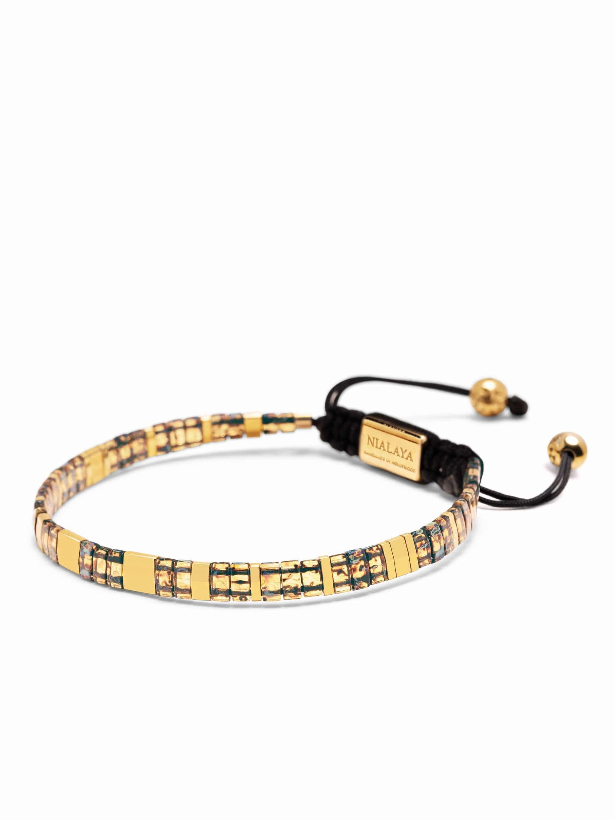 Men's Bracelet with Marbled Amber and Gold Miyuki Tila Beads
