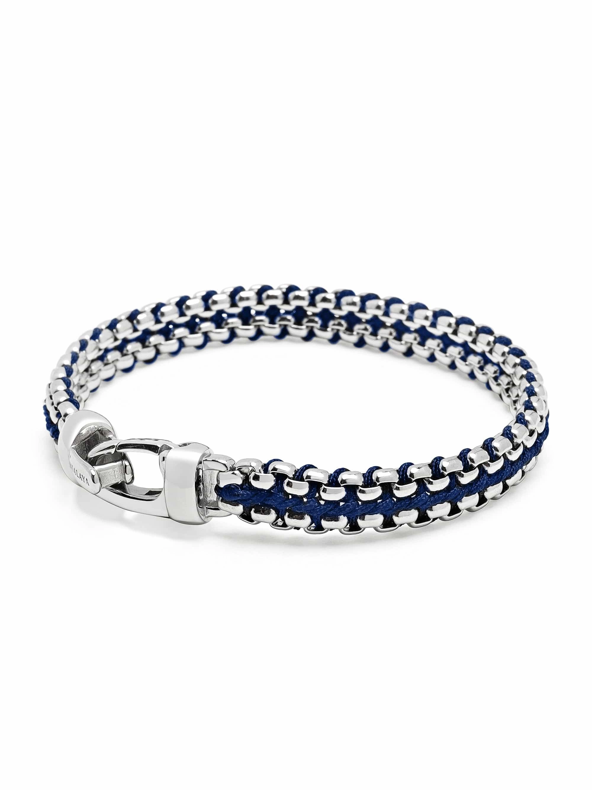 Men's Navy Woven 8mm Box Chain Bracelet in Silver