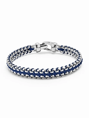 Men's Navy Woven 8mm Box Chain Bracelet in Silver