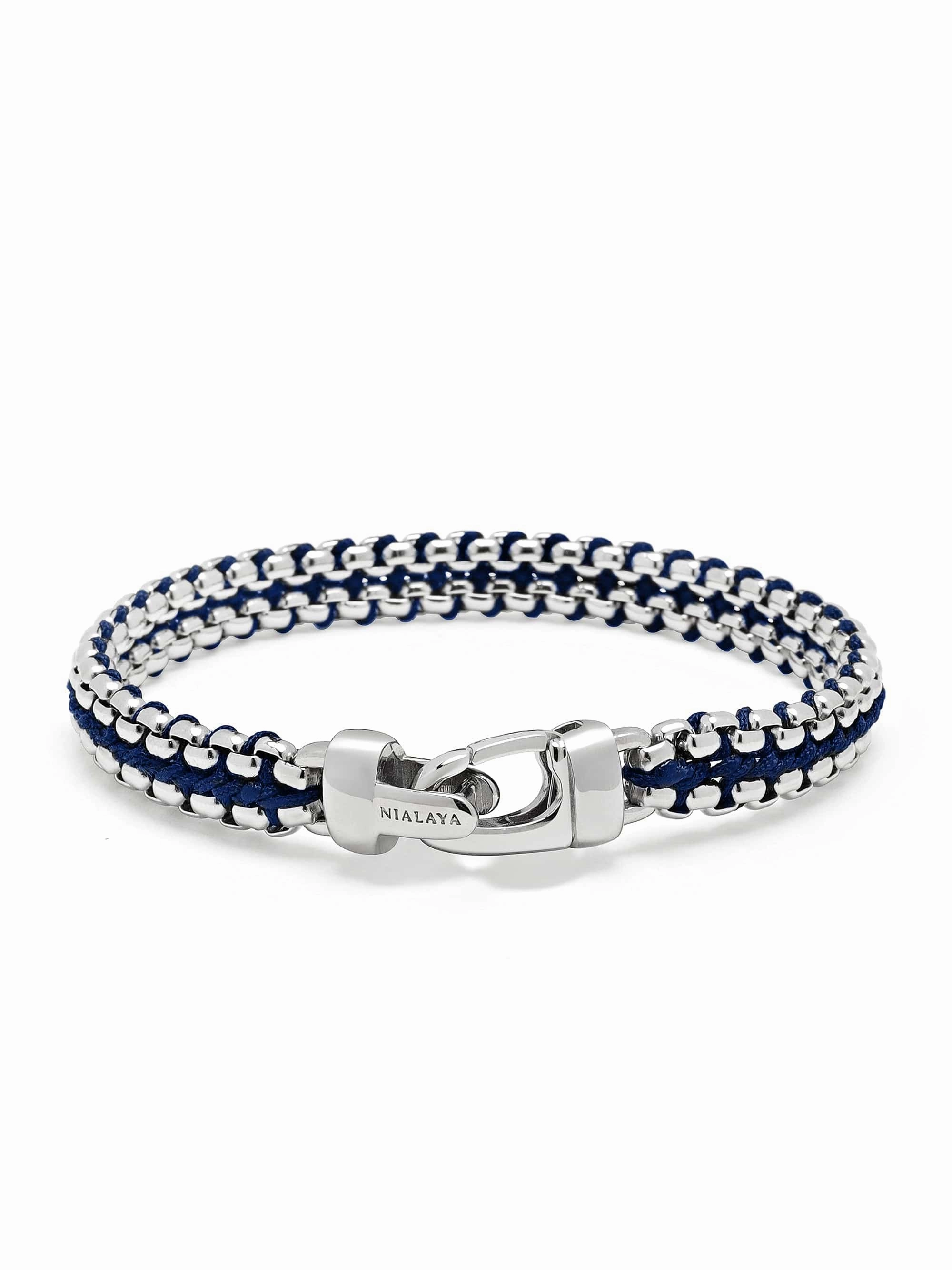 Men's Navy Woven 8mm Box Chain Bracelet in Silver