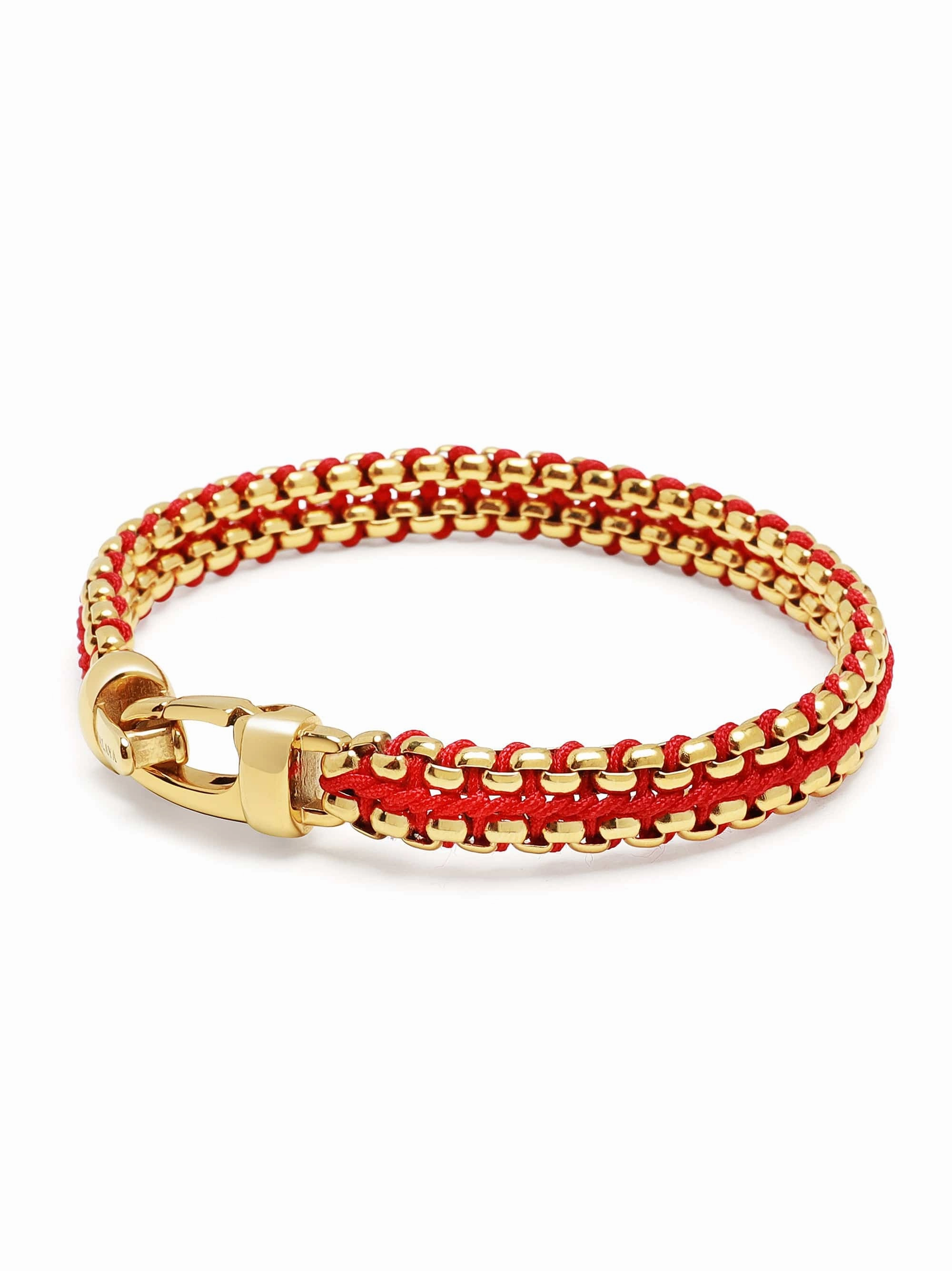 Men's Red Woven 8mm Box Chain Bracelet in Gold