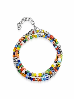 Men's Wrap Bracelet with Assorted Vintage Trifocal Beads and Silver