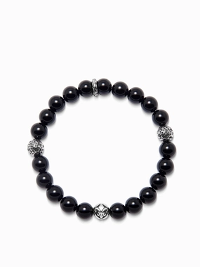 Men's Wristband with 8MM Black Agate and Silver