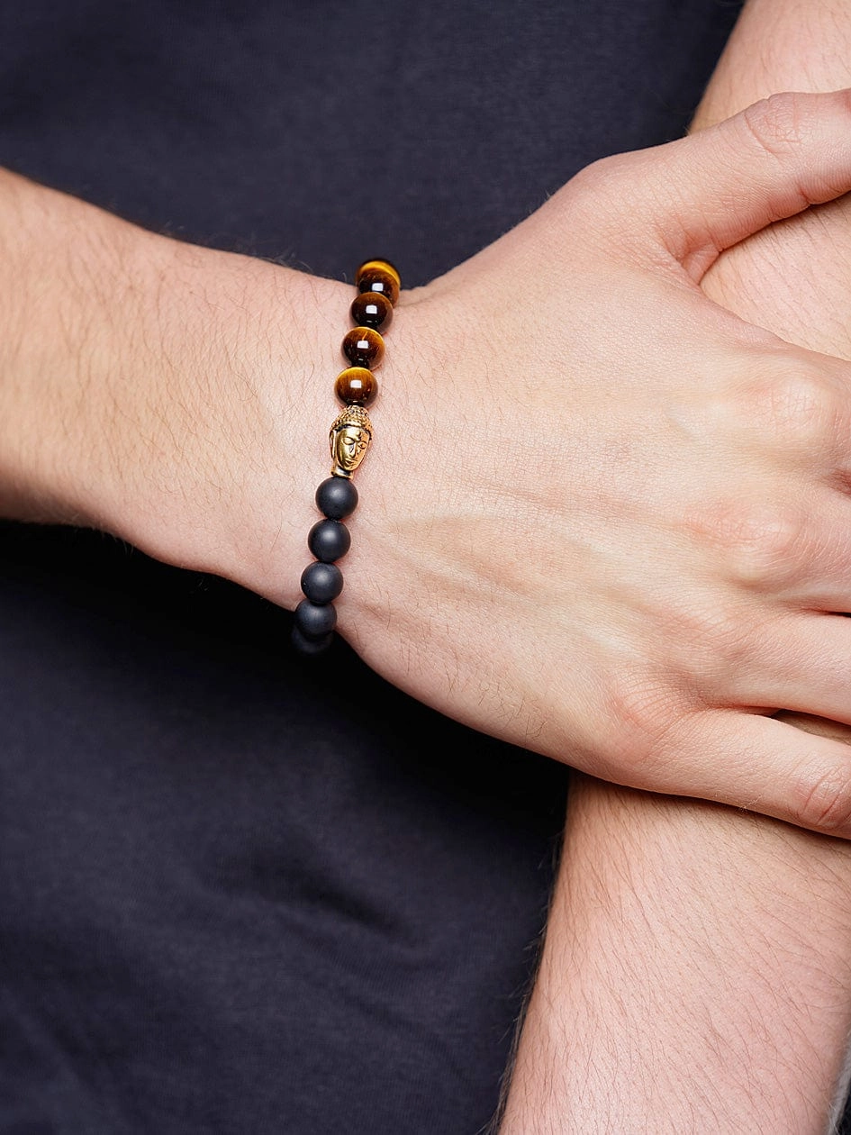 Men's Wristband with Tiger Eye, Matte Onyx and Gold Buddha