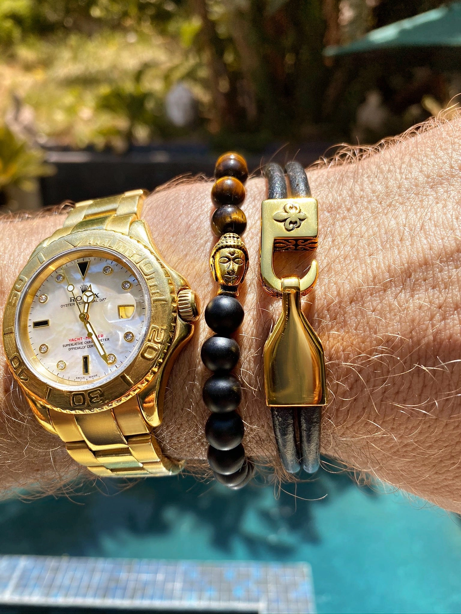 Men's Wristband with Tiger Eye, Matte Onyx and Gold Buddha