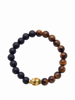 Men's Wristband with Tiger Eye, Matte Onyx and Gold Buddha
