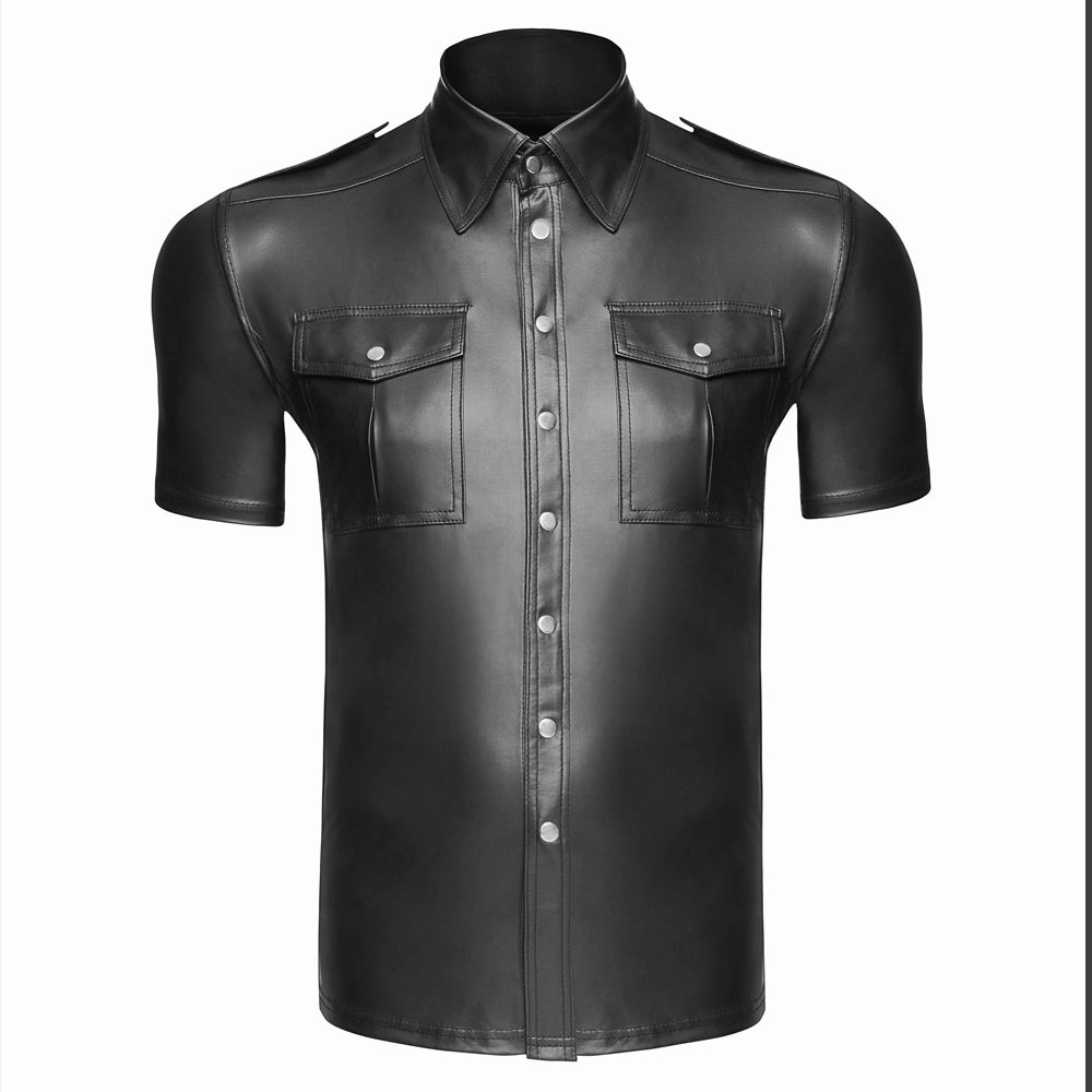 Noir Handmade Powerwetlook Collared Shirt With Front Pockets