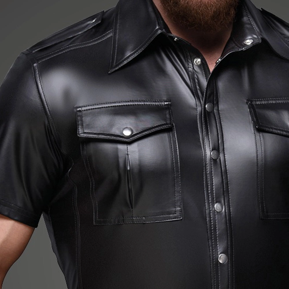 Noir Handmade Powerwetlook Collared Shirt With Front Pockets
