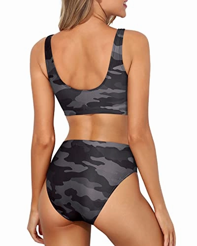 Scoop Neck Crop Top High Cut Swimsuit Sports Two Piece Bikini For Women-Black Camouflage
