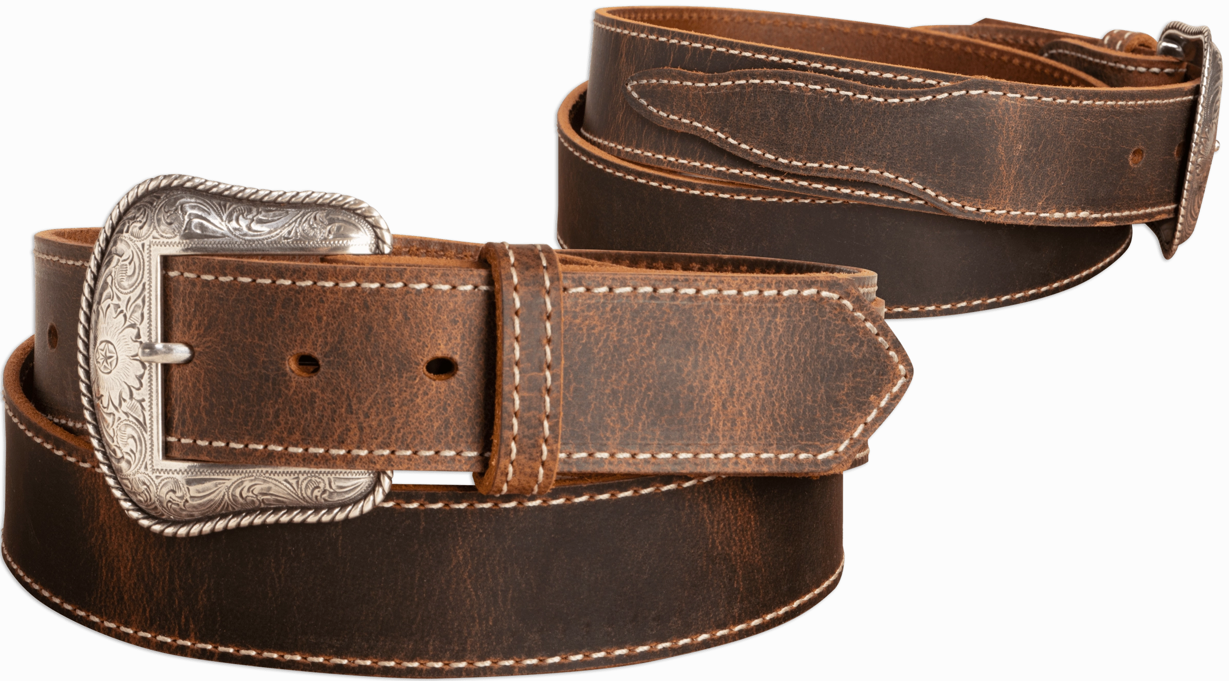 The Crazy Horse: Men's Oil Tanned Stitched Western Leather Belt 1.50" With Scalloped Ends