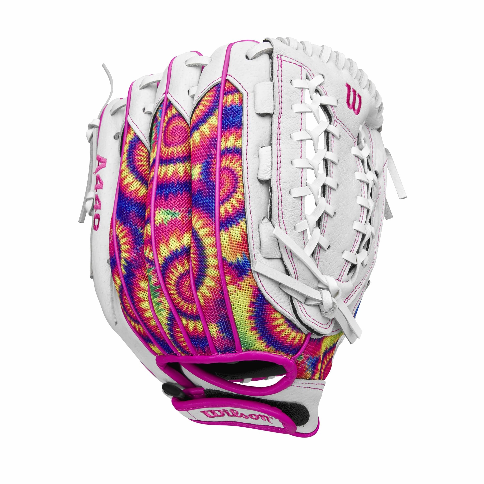 Wilson WBW10164212 A440 Flash 12" Youth Outfield Fastpitch Softball Glove Right Hand - White/Pink/Tie Dye