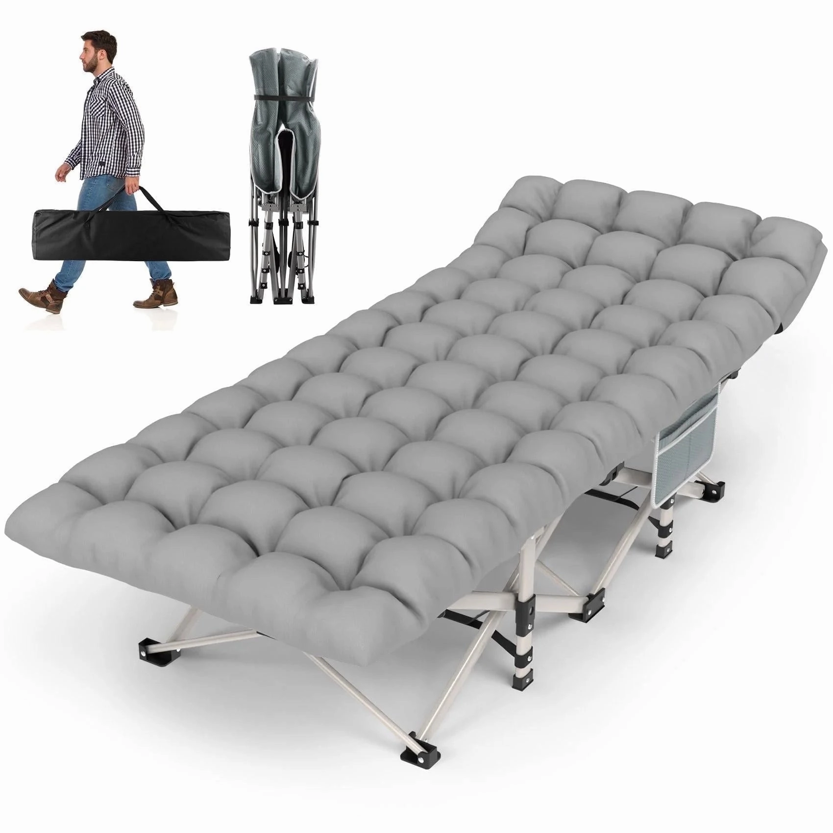 ZENPETIO 28" XL Outdoor Folding Camping Cot for Adults, Gray Cot Gray Pad
