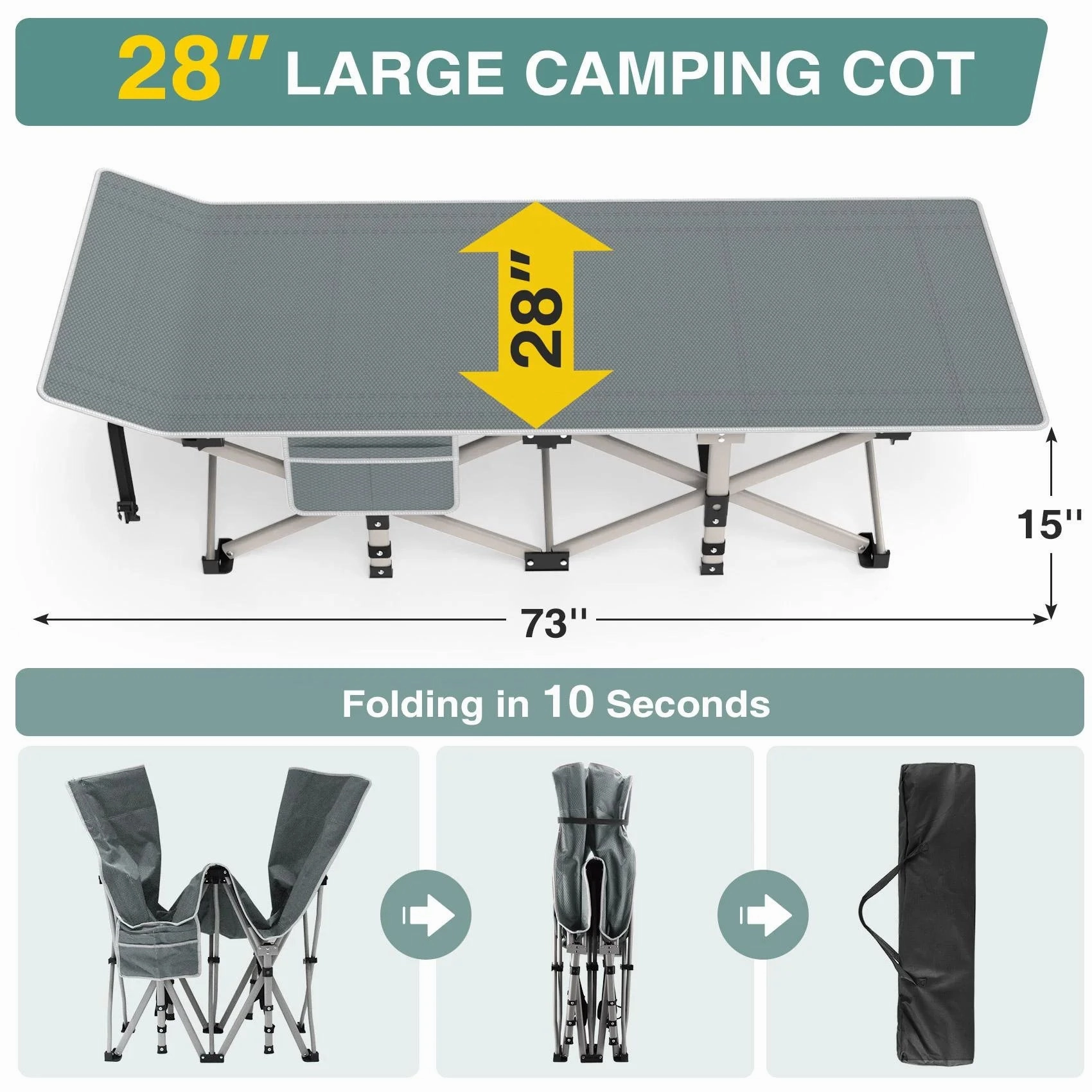 ZENPETIO 28" XL Outdoor Folding Camping Cot for Adults, Gray Cot Gray Pad